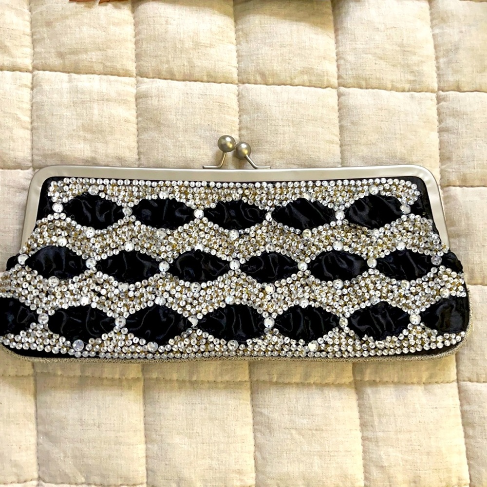 Betsy Johnson black satin & jeweled clutch